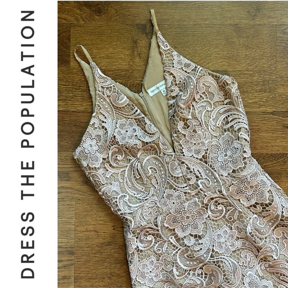 Dress the Population Marie Metallic Pink Lace Midi Dress, Medium, Nude lining